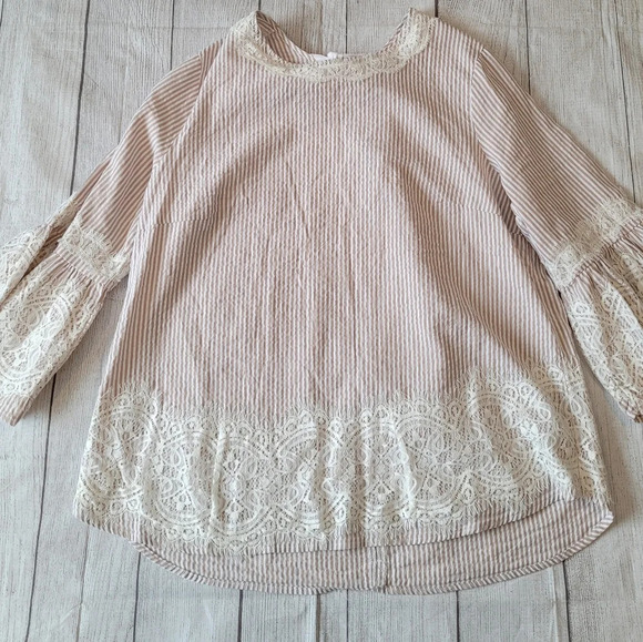 Zac and Rachel Striped Lace Boho Modest Tan White Feminine Blouse Large - Picture 6 of 9